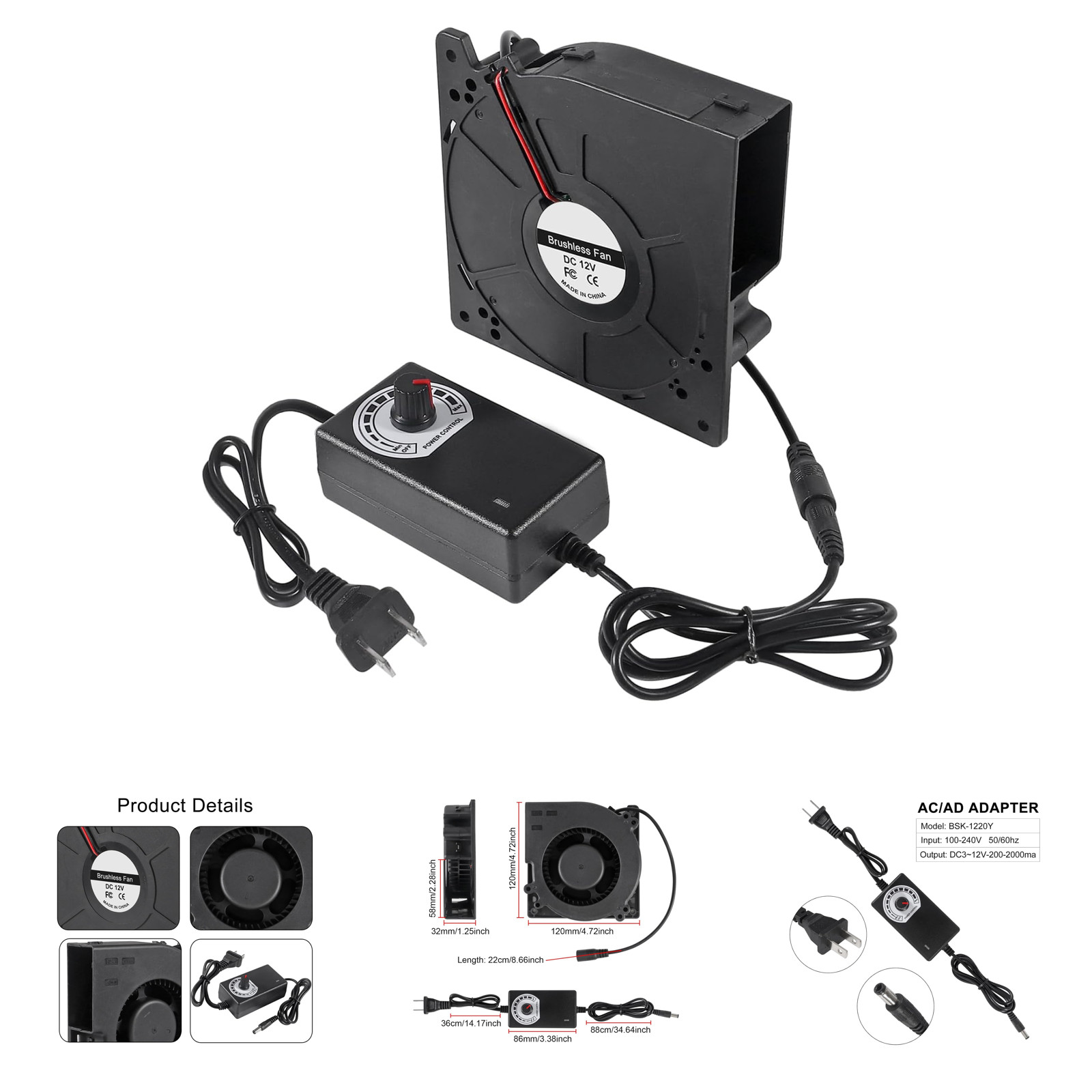 120mm x 32mm Centrifugal Blower Fan 110V 220V AC with Speed Controller High