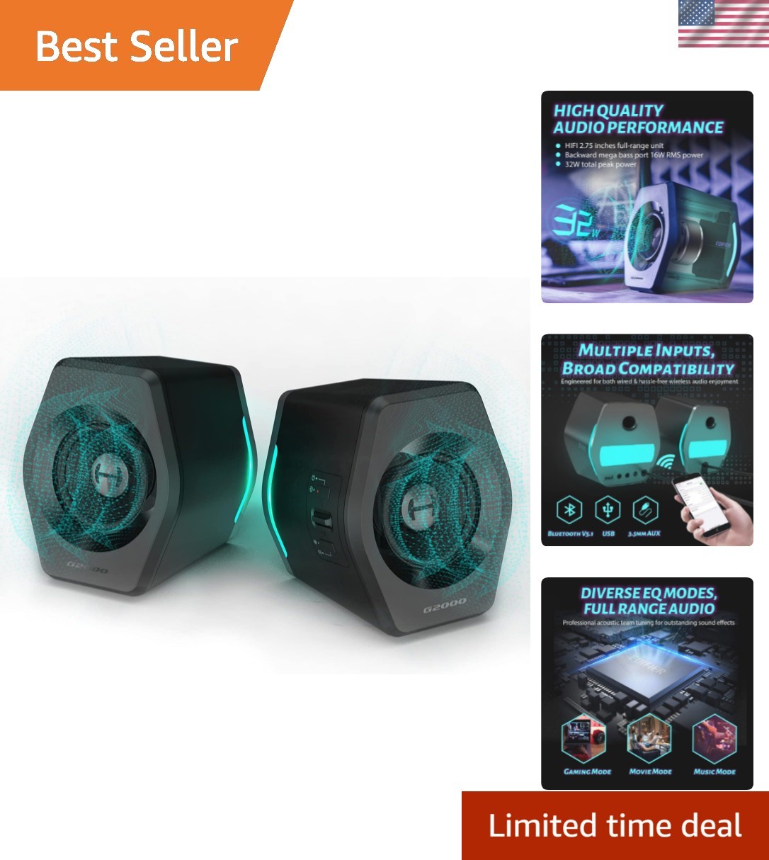 G2000 32W PC Gaming Computer Speakers for Laptop Mac Desktop Computer Woofer ...
