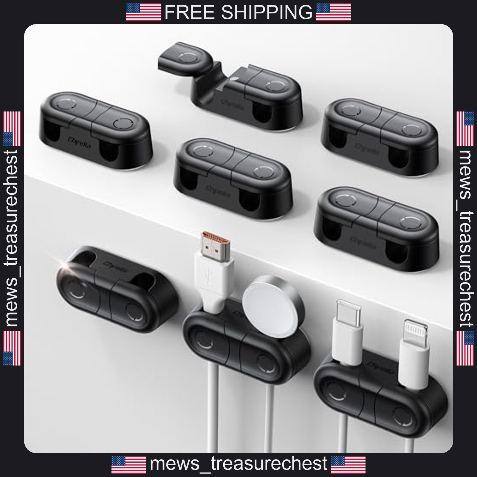 Magnetic Cable Clips 8 Pack Dual Slot Cord Organizer Black
