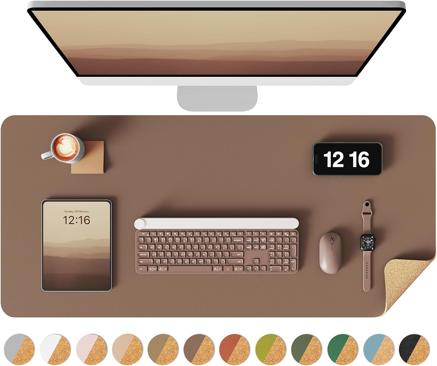 Double-Sided Desk Pad, 31.5"X15.7"Leather Desk Mat, Eco Cork Desk Pad Protector,