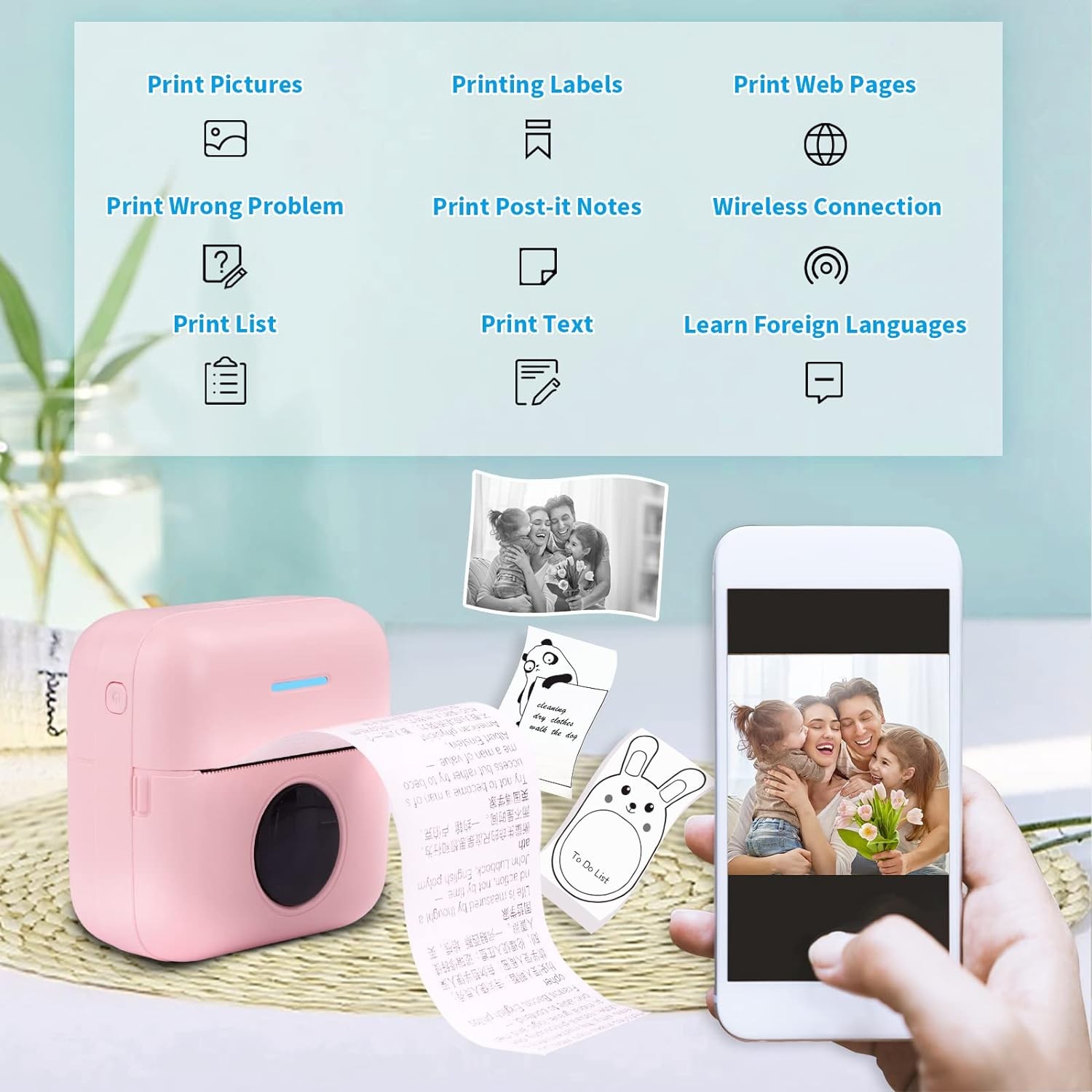 HuiJuKeJi Mini Sticker Printer Bluetooth Smart Pocket Inkless Thermal -  Pink
