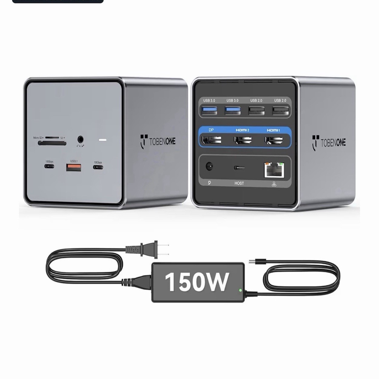 TobenONE UDS032 USB-C Docking Station HDMI DP Ethernet SD Gray w/150W AC