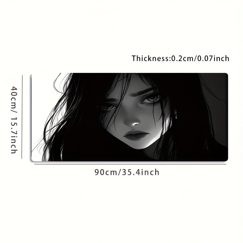 A Large Gaming Mouse Pad Featuring an Artistic Design of a Girl with Black And