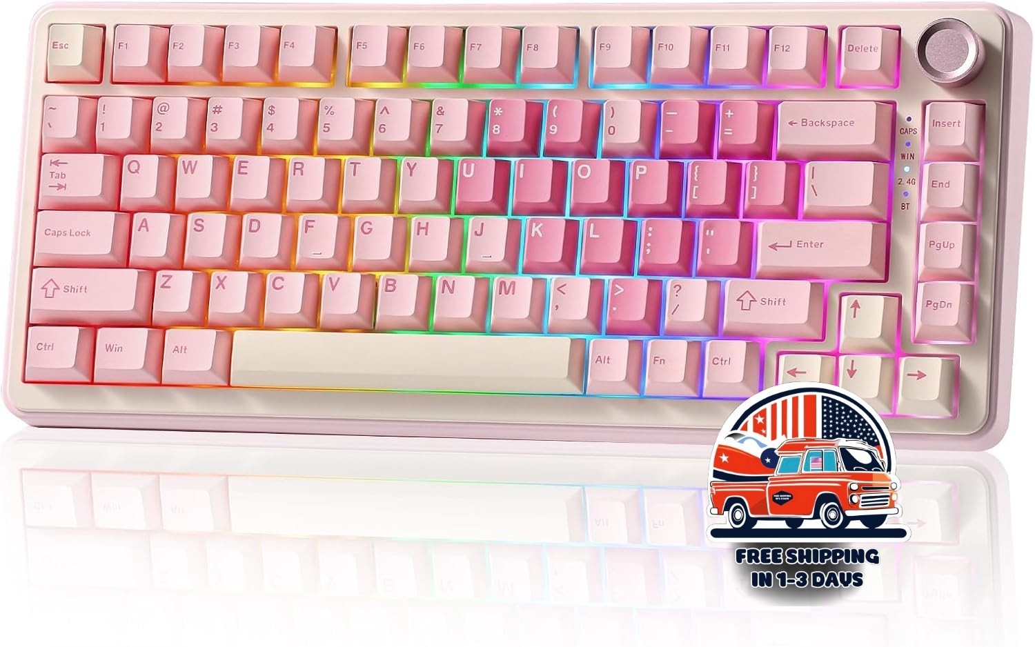 Teclado mecánico inalámbrico, diseño del 75 % con perilla, Rosa, LEDs, NUEVO.