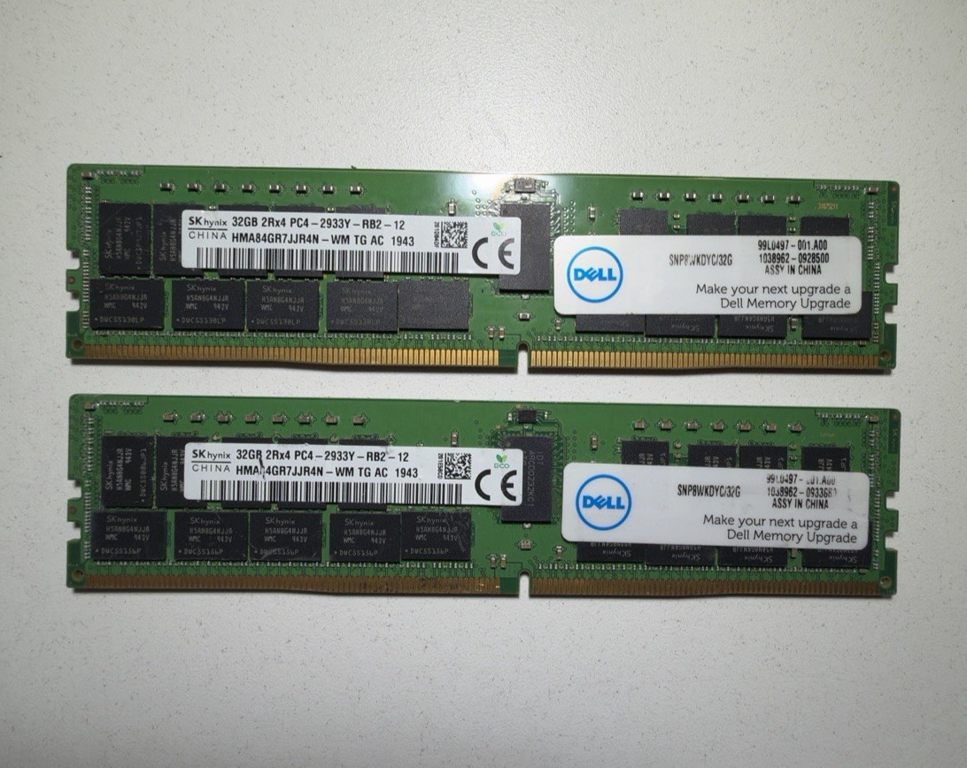 x2 SK Hynix 32GB 2933Y DDR4 (PC4-23400) RDIMM ECC RAM Memory | HMA84GR7JJR4N WM