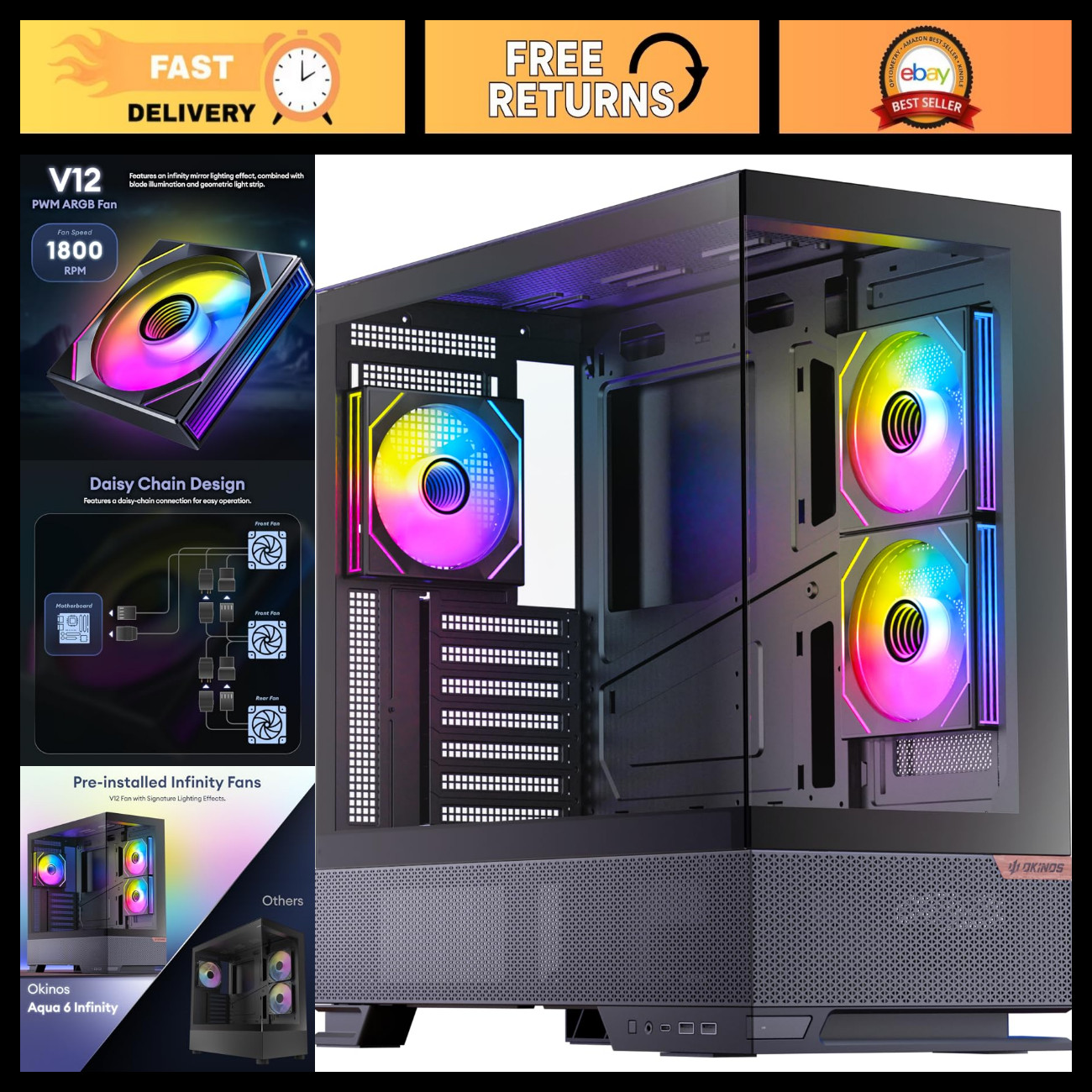 ATX PC Case with 3 ARGB Fans, 360mm Radiator Support, Tempered Glass, Type-C Por