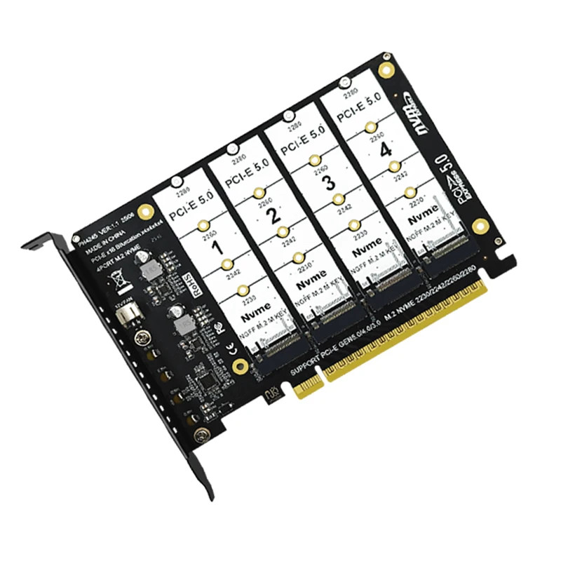 GEN5 PCI-E X16 to 4 Port NVME SSD Adapter Bifurcation M.2 NVME 128Gbps Raid Card