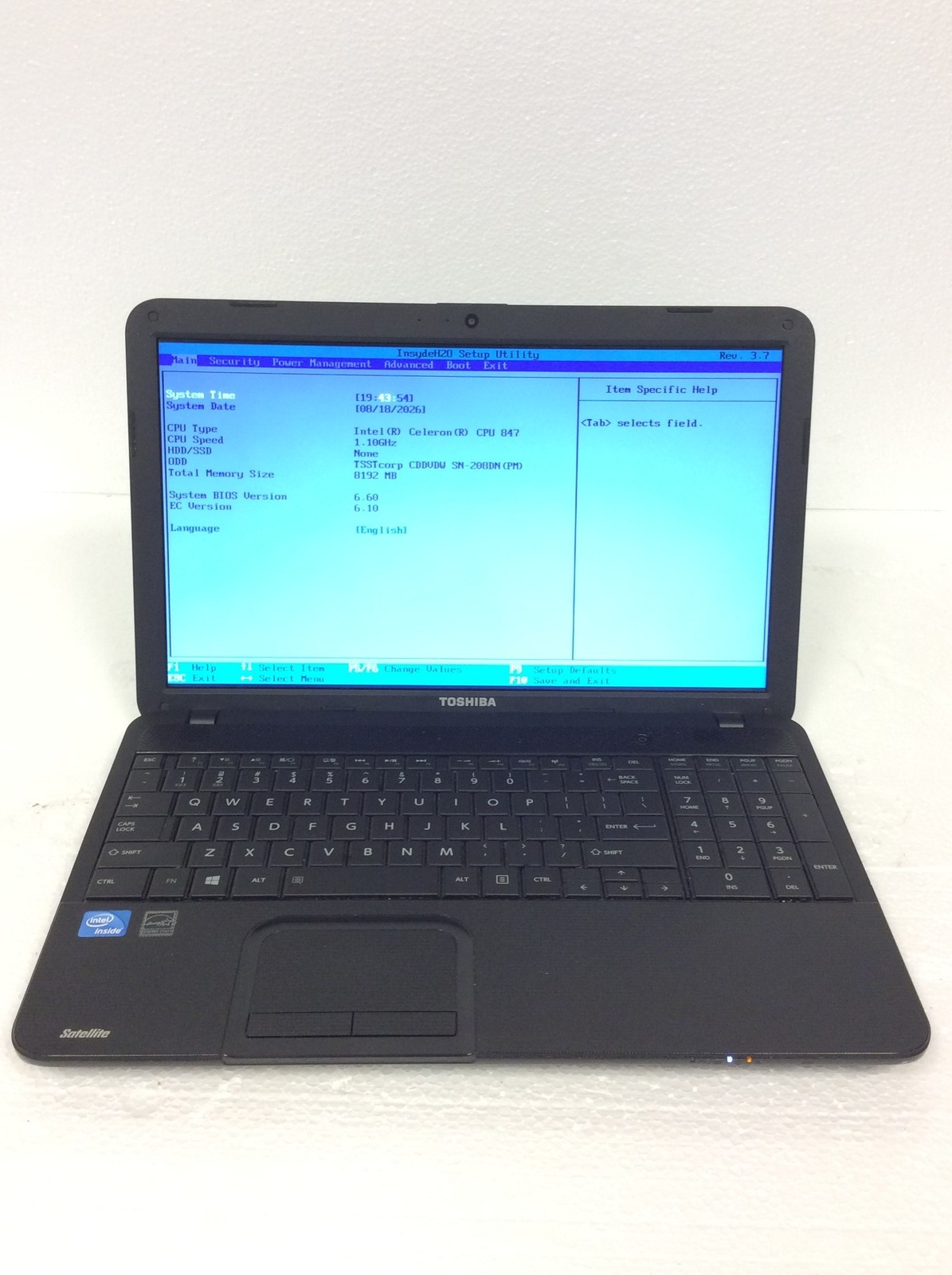 Toshiba Satellite C855-S5346 15.6" Laptop Celeron 847 1.10Ghz w/ 8Gb Ram, No HD