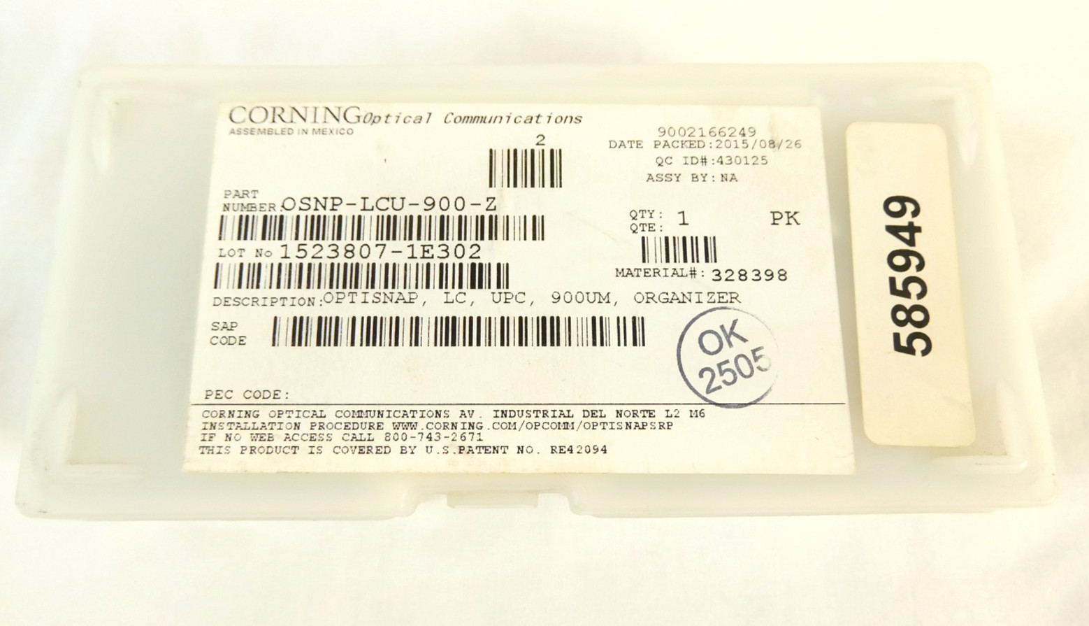 Corning OSNP-LCU-900-Z Optisnap LC Singlemode OS2 Fiber Optic Connector 25-Pack