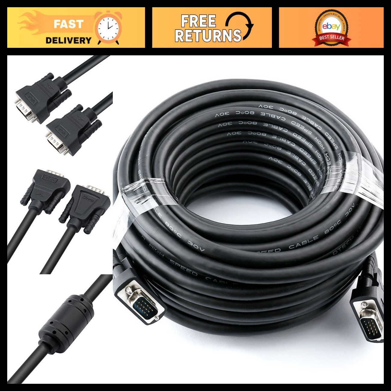 75ft VGA Cable Male to Male, Ferrite Cores, 1080p HD for Monitor & Projector