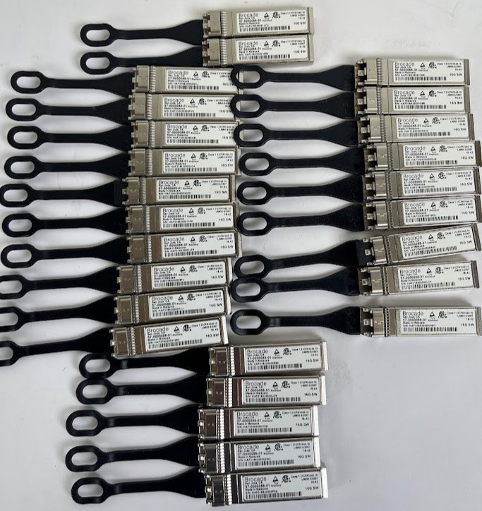 Bulk lot of 280 genuine Brocade 16G SW SFP+ optical transceiver modules.