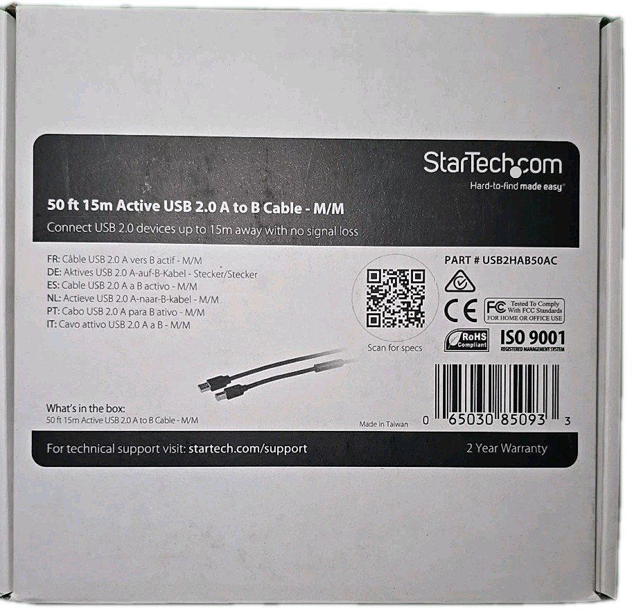 StarTech 15m / 50 ft Active USB 2.0 A to B Cable M/M USB2HAB50AC *NEW In Box*