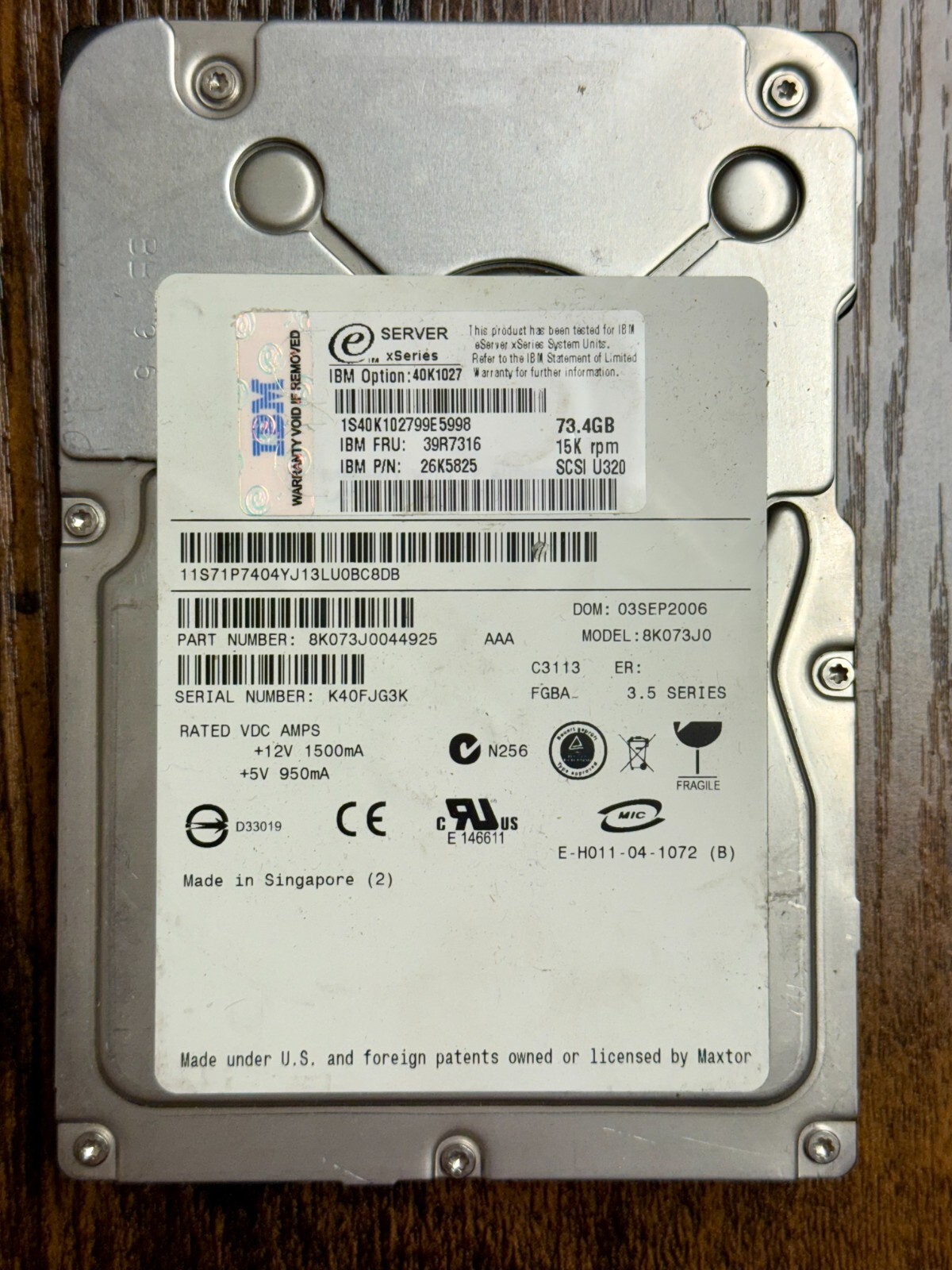 IBM 40K1027 73.4GB 15K 3.5" SCSI – Enterprise Server Hard Drive 6Gbps
