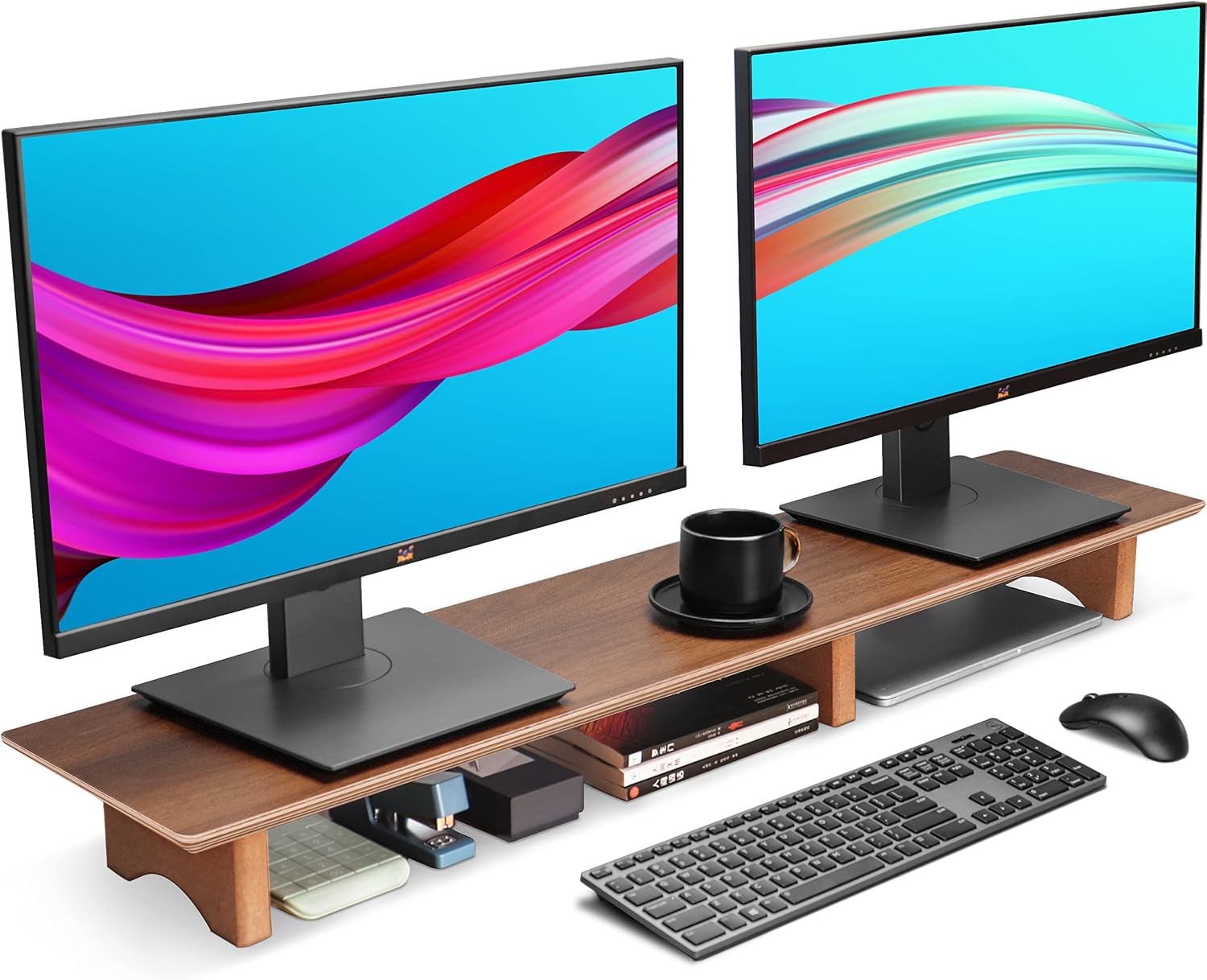 Solid Wood Dual Monitor Stand Riser for Desk 43" Walnut Computer Monitor Riser