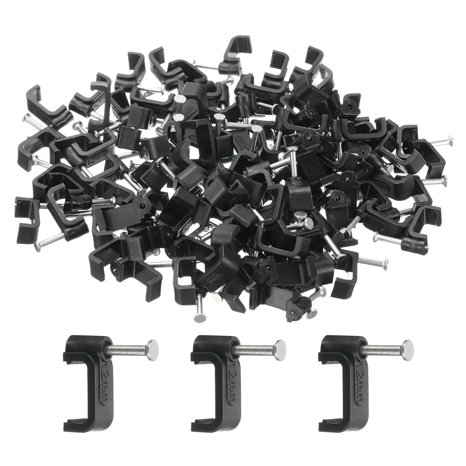 100Pcs 12mm Black Square Cable Clips with Steel Nails CABLE MANAGEMENT Wire Clip