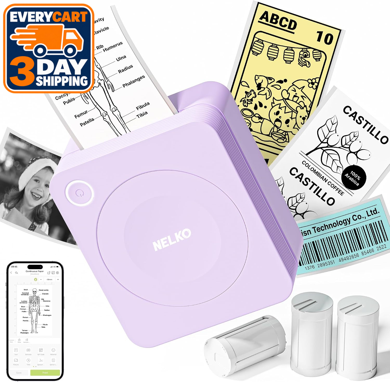 Nelko Mini Sticker Printer, PM230 Print Pod with 3 Rolls of Paper, Purple