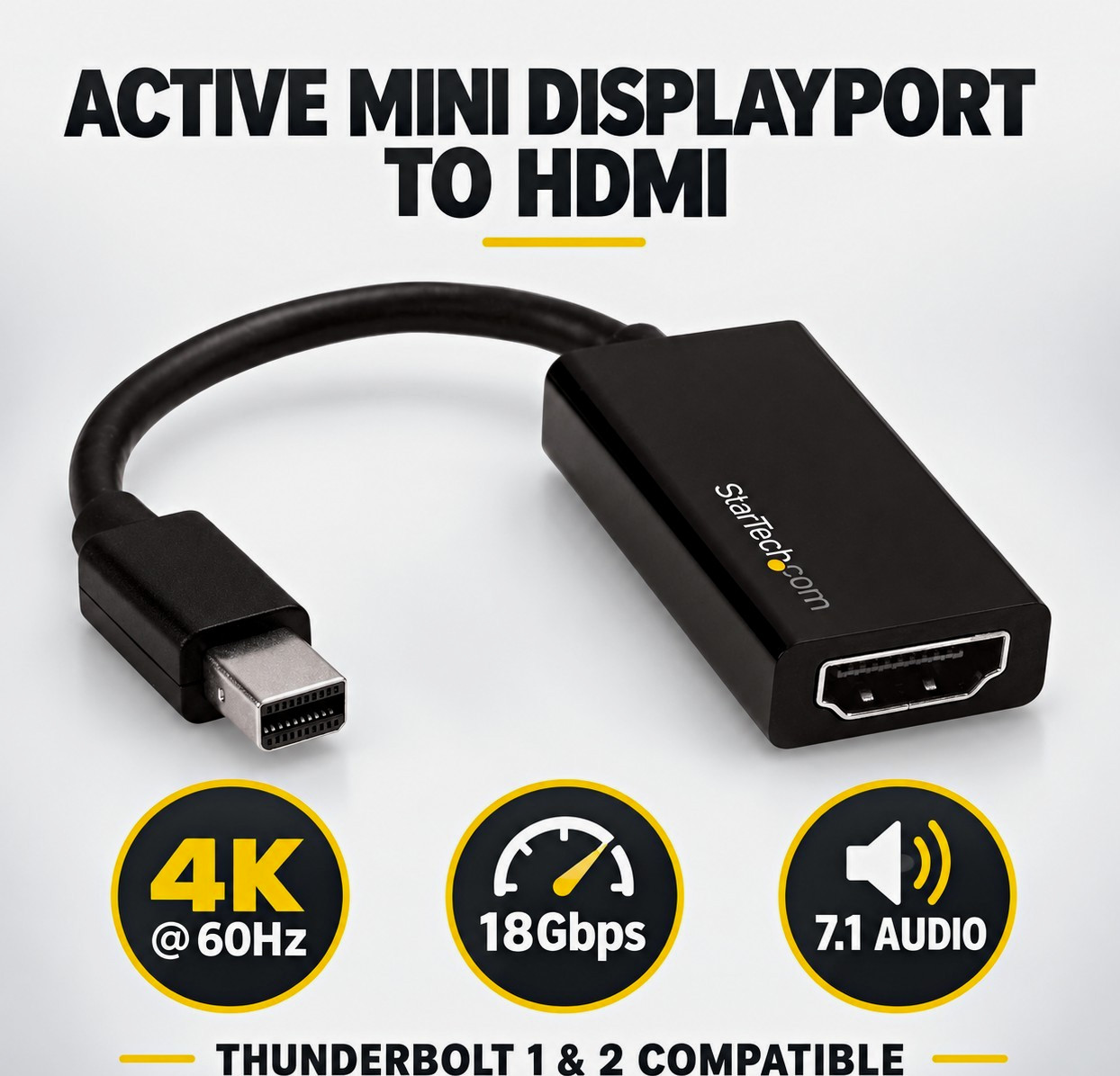 StarTech.com Active Mini DisplayPort to HDMI Adapter 4K 60Hz 5.5in Black