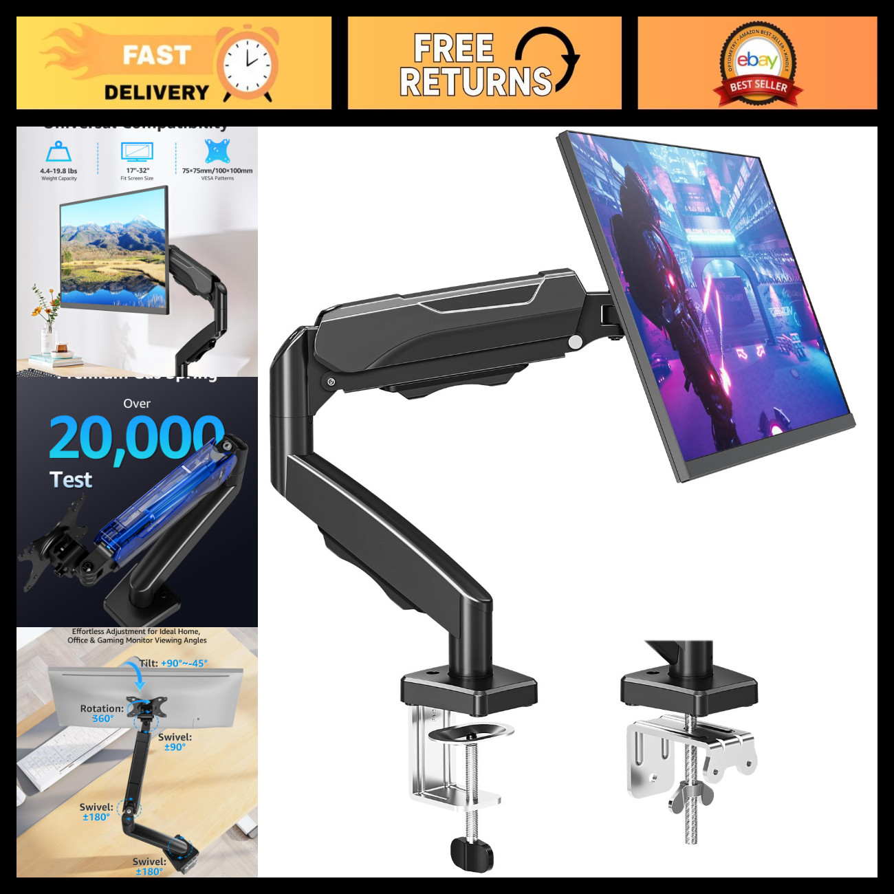 Height Adjustable Single Monitor Desk Mount, Full Motion Arm for 32" Screens, VE