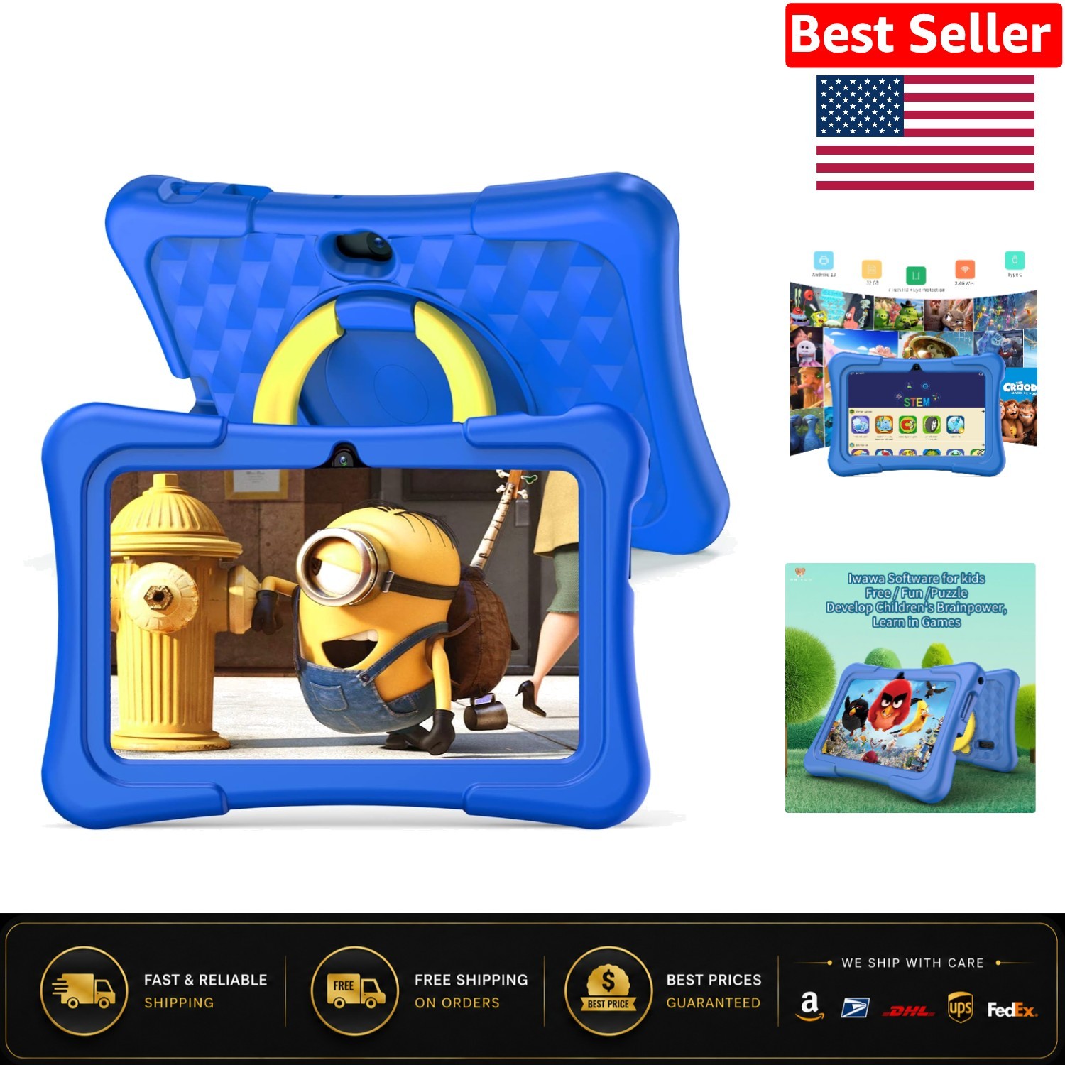 Durable 7-Inch Kids Tablet with Pre-Installed Apps & Parental Controls in Blue
