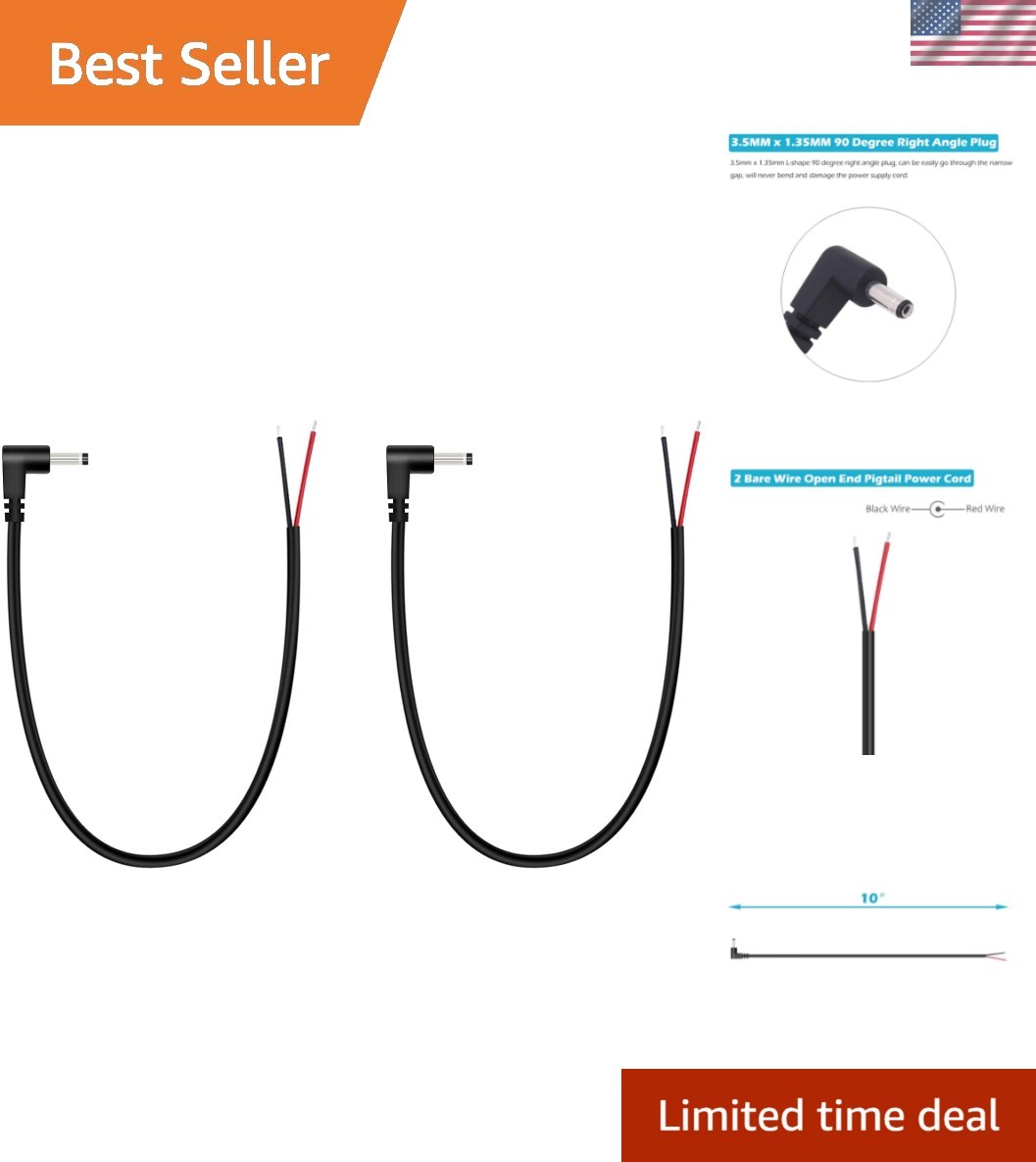 2-Pack 3.5mm x 1.35mm DC Power Pigtail Cable with 90° Right Angle Plug