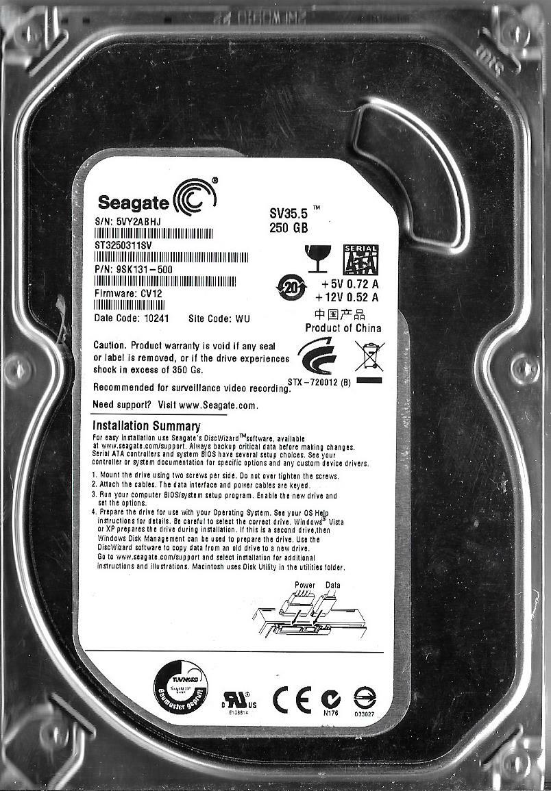 Seagate ST3250311SV 250GB Sata Hard Drive P/N: 9SK131-500 Firmware: CV12  WU