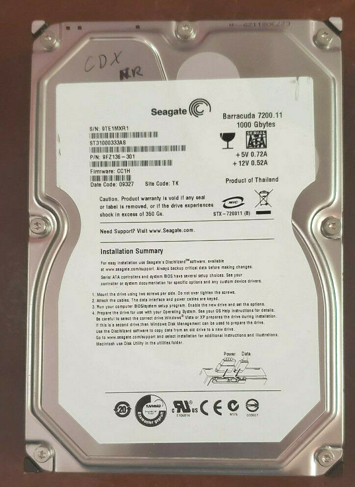 Seagate ST1000333AS, 1000GB, 3.5" 7200 RPM, Internal Desktop Drive, Not Readable