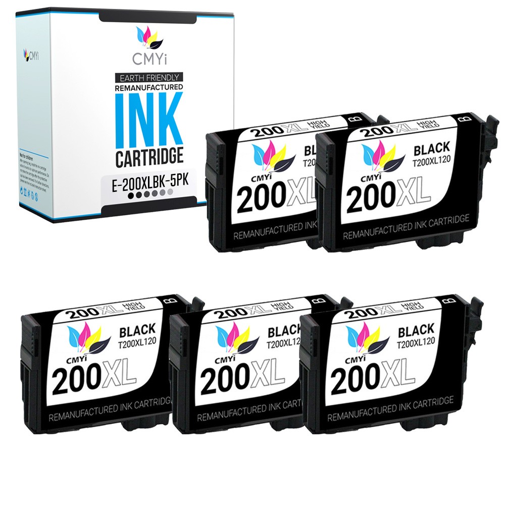 CMYi 5PK Replacement 200XL Black Ink Cartridges for Epson Workforce WF-2540 2530