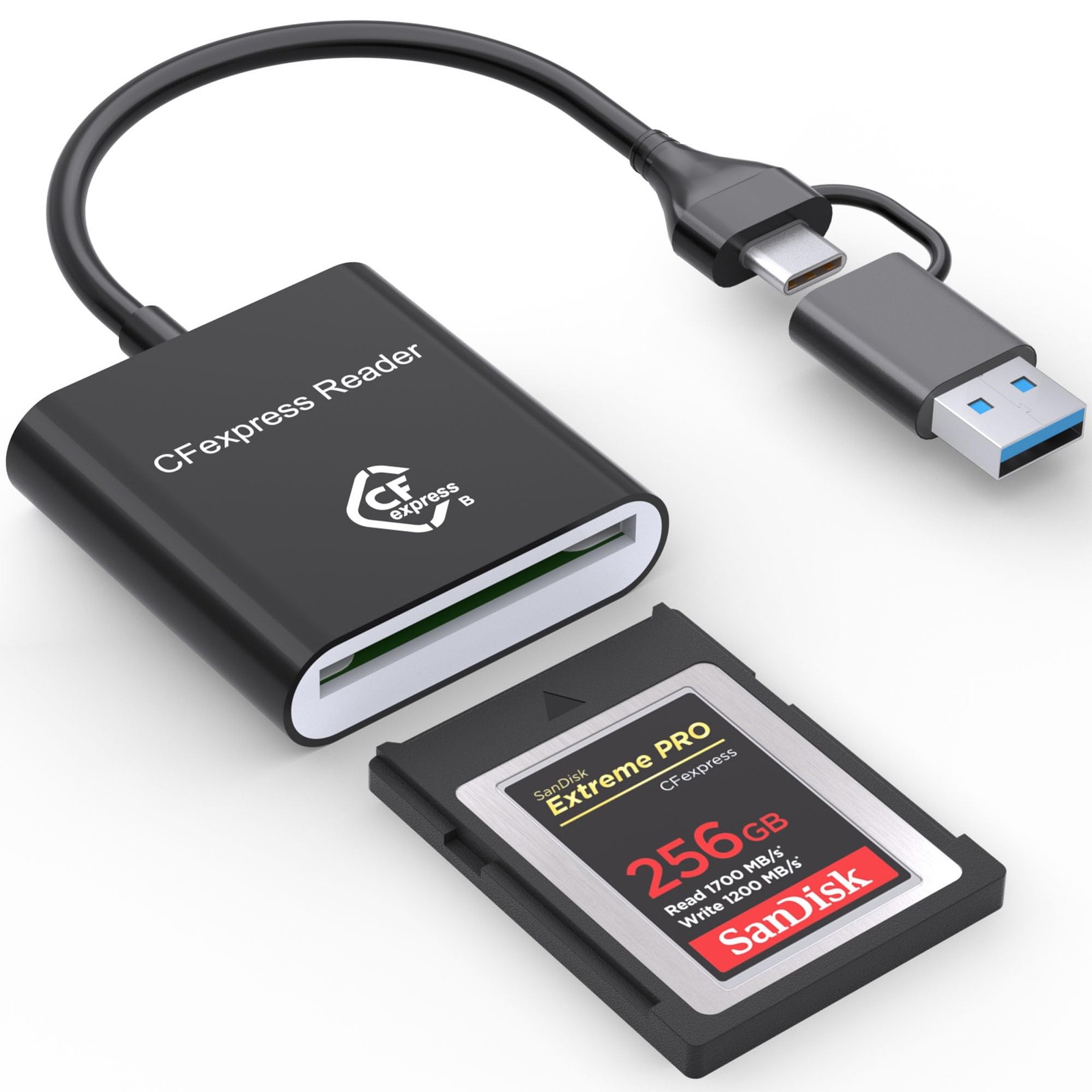 CF Express Type B Card Reader with USB 3.2 (Gen 2) 10Gbps, USB-C & USB-A 2-in...