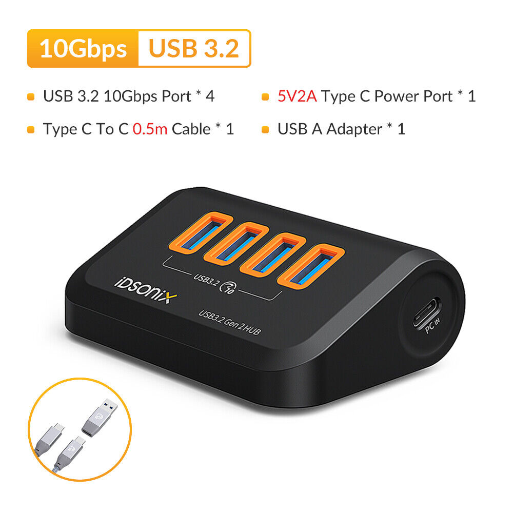 IDsonix 4/7 Ports USB Type C HUB USB3.2 Gen2 Powered Splitter Adapter 5/10Gbps