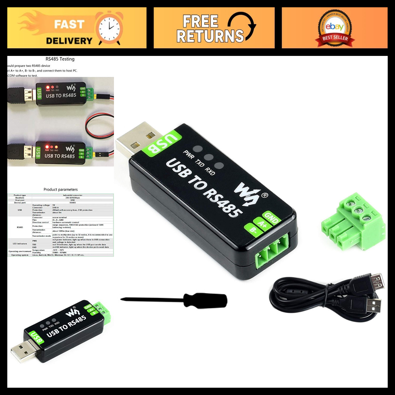 USB to RS485 Converter Adapter - Fast Communication, ESD Protection, Industrial