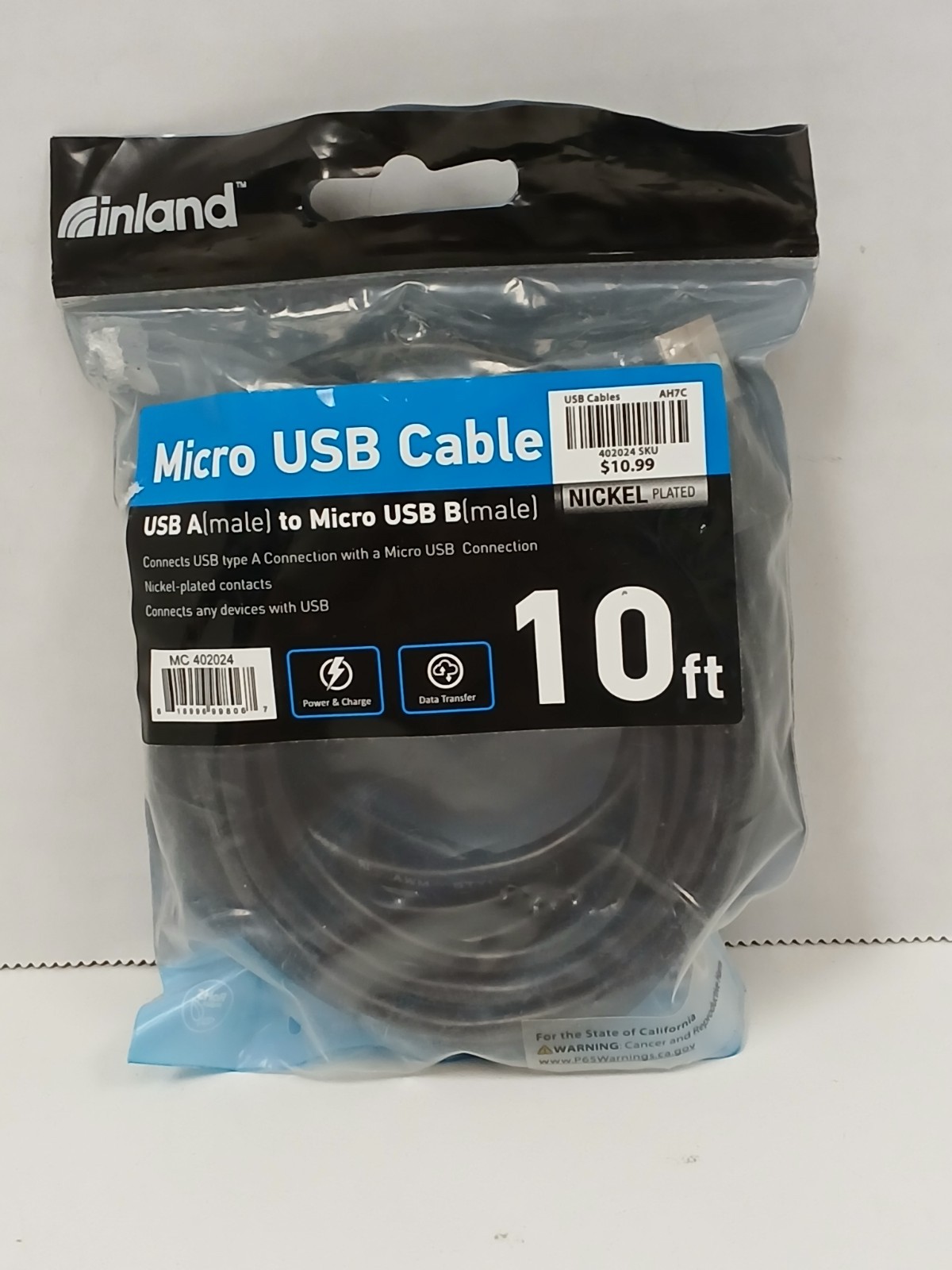 Inland USB-A to Micro USB-B Cable Nickel Plated, 10ft