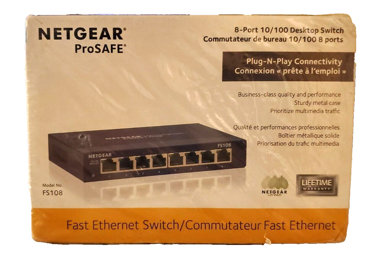 NETGEAR ProSafe FS108 8-Ports External Desktop Switch 10/100 Mbps. New In Box