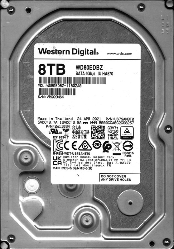 WD80EDBZ-11B0ZA0 P/N: 2W11034 APR 2021 Thailand Western Digital 8TB