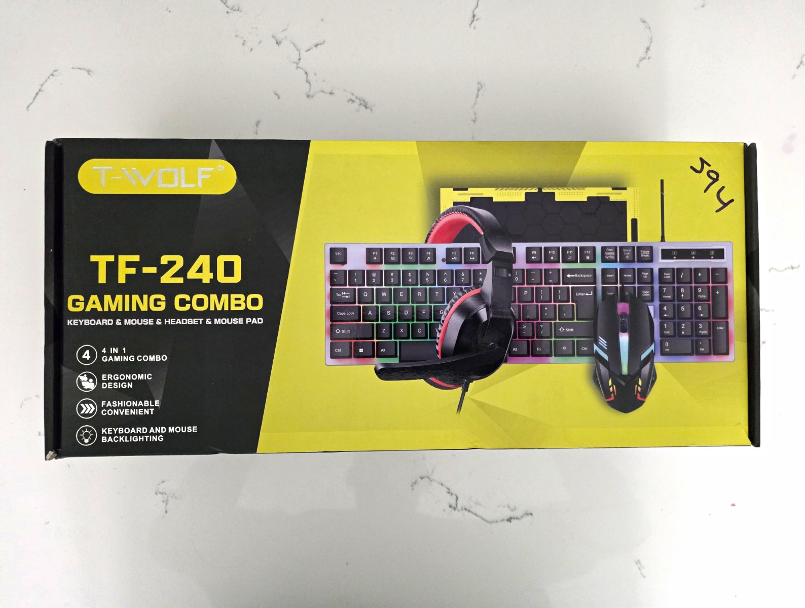T-WOLF TF-240 Wired 4-in-1 Gaming Combo Keyboard Mouse Headset Pad Black
