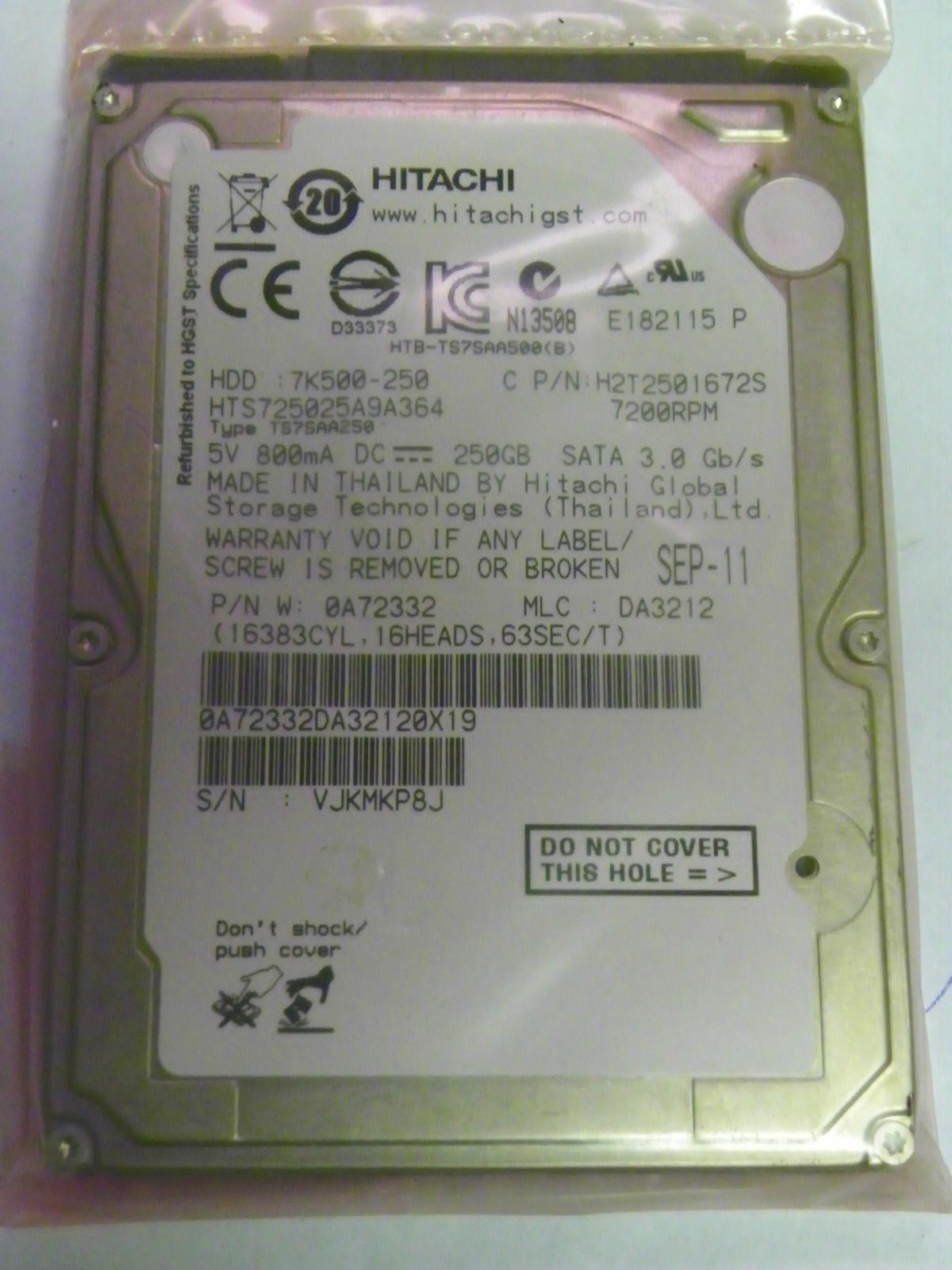 Hitachi HTS725025A9A364 P/N:0A72332 MLC:DA3212 Laptop 2.5" 250GB SATA Hard Drive
