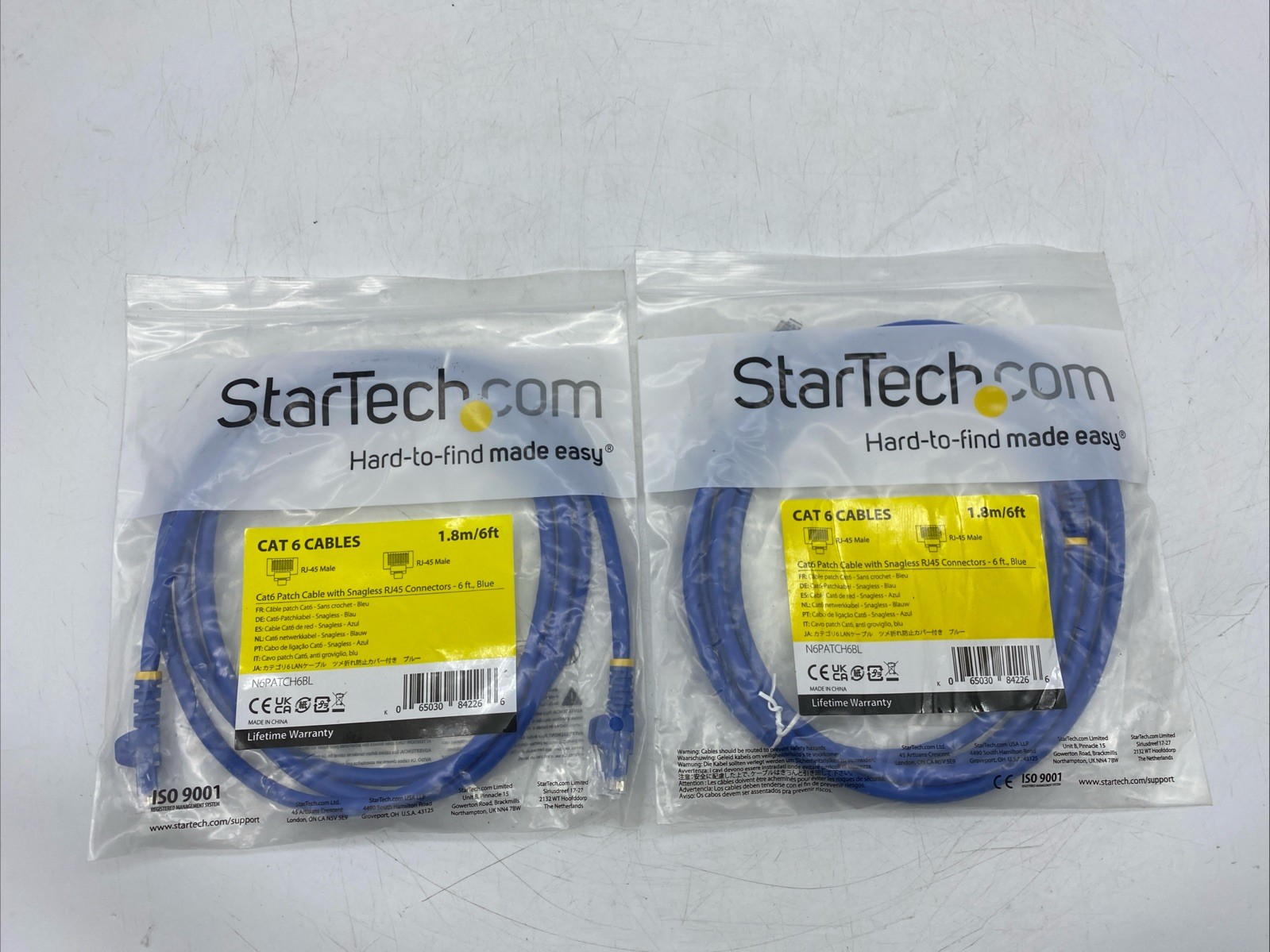 Lot of 2 StarTech Cat6 Patch Cable RJ45 Connectors 6 ft. Blue N6PATCH6BL