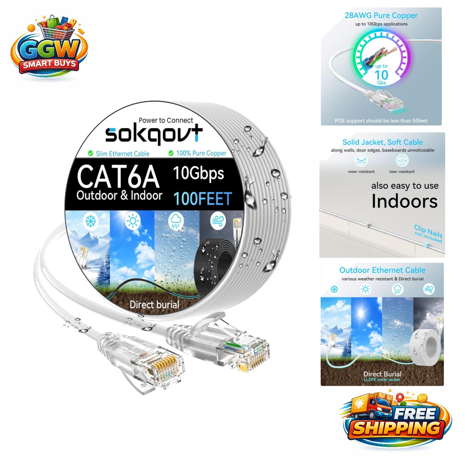 Ultra-Slim 100ft Cat6a Ethernet Cable - Waterproof for Reliable Connectivity