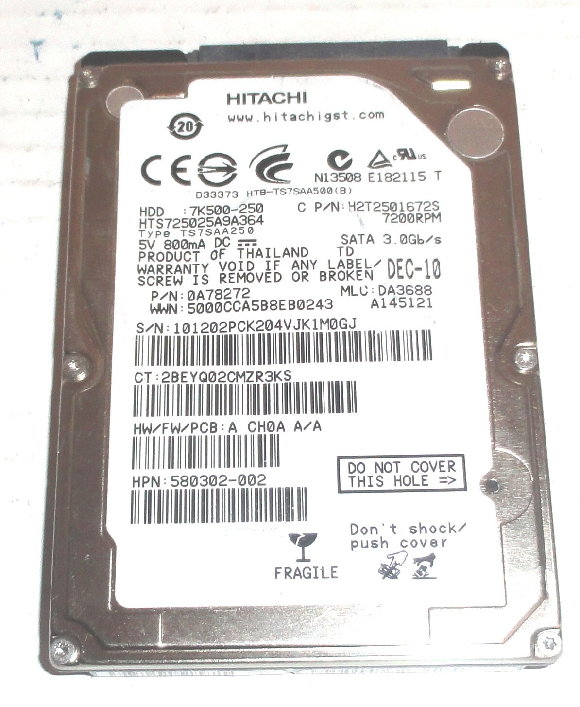 Hitachi HTS725025A9A364 250GB Sata Hard Drive P/N: 0A78272  MLC: DA3688