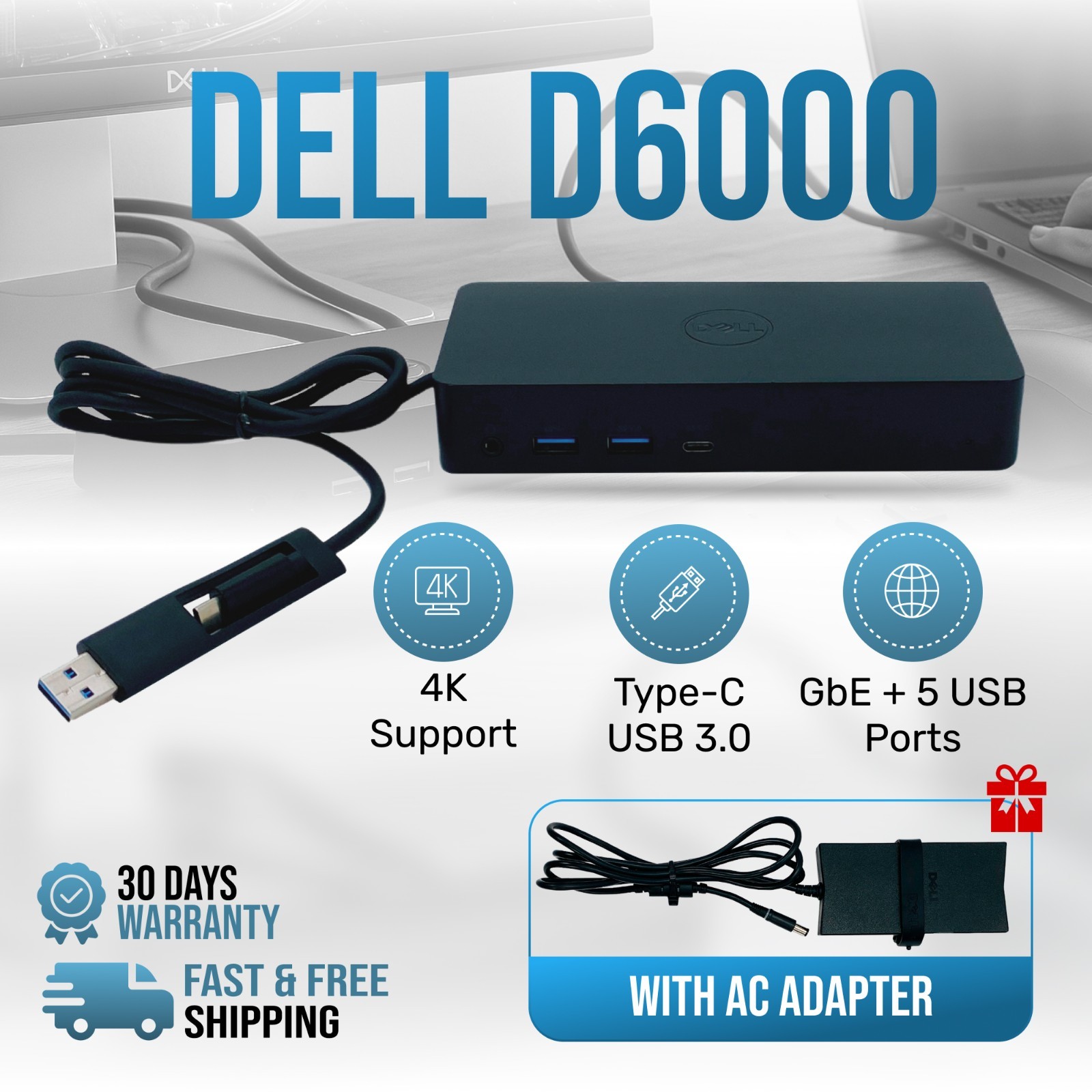 Dell D6000 USB-C Ultra 4K HDMI Universal Docking Station w/130W Adapter