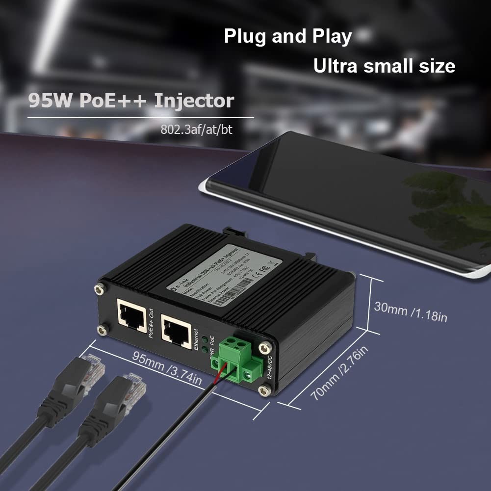 Hardened Industrial Gigabit PoE++ Injector 12-48VDC Input with DIN-Rail 95W PoE