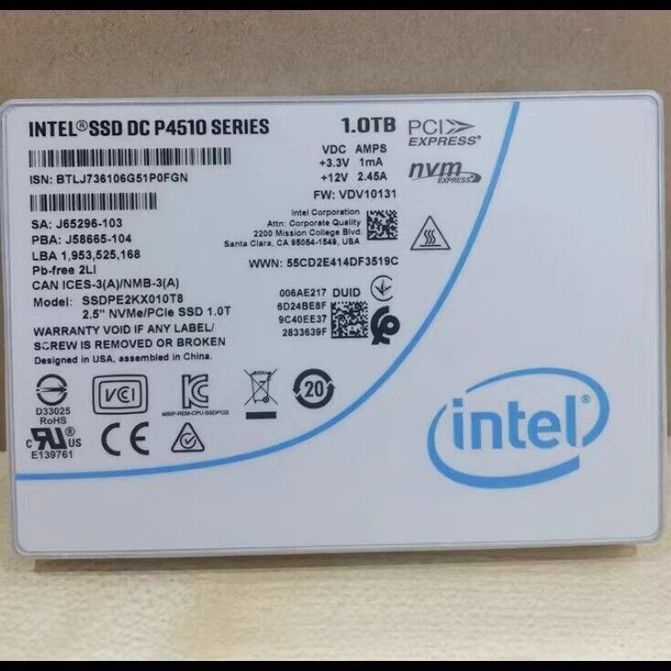 Intel 1TB SSD P4510 Series DC NVME U.2 2.5" SSDPE2KX010T8 Solid State Drive