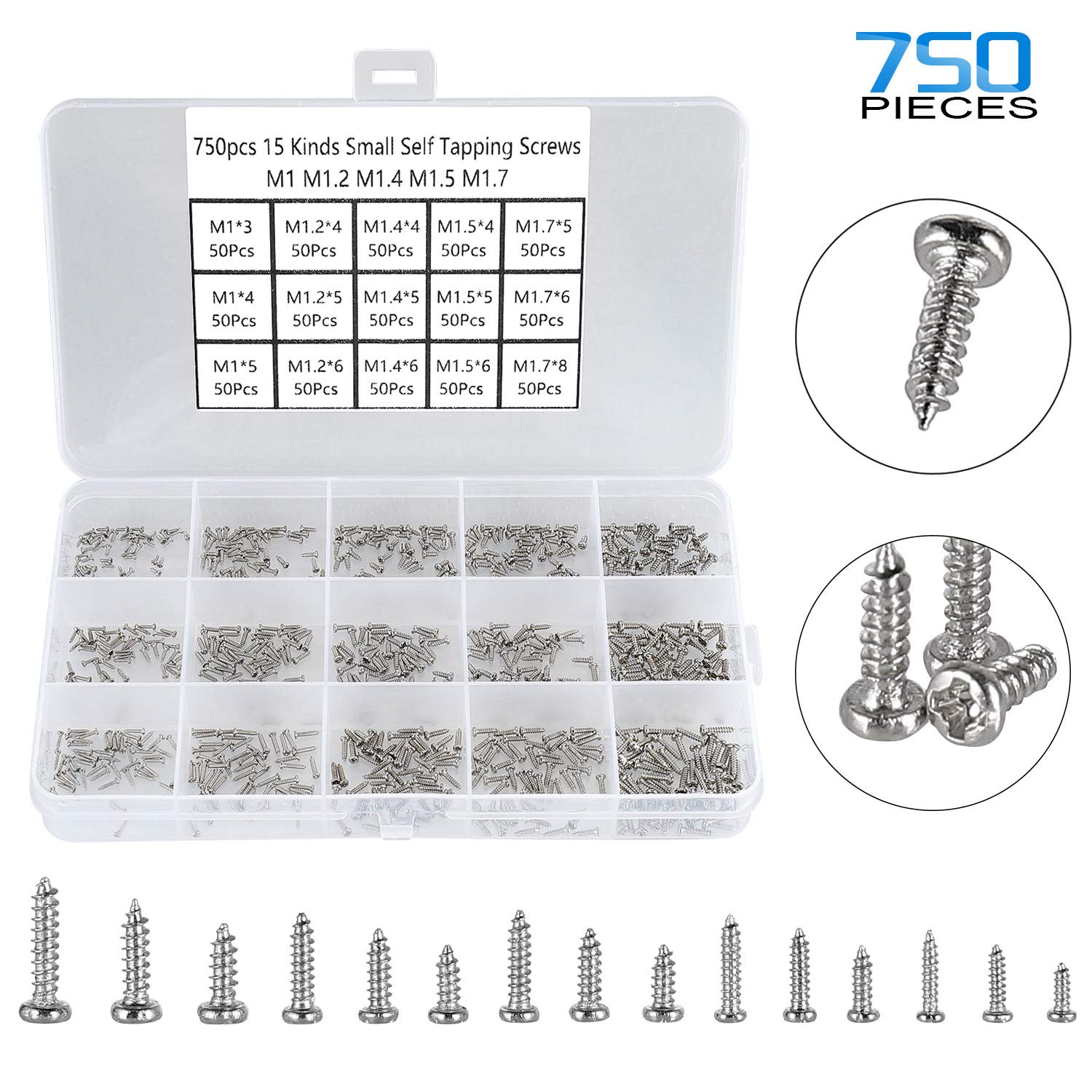 750pcs Silver Tiny Screws for Electronics, M1, M1.2, M1.4, M1.5, M1.7 Very Sm...