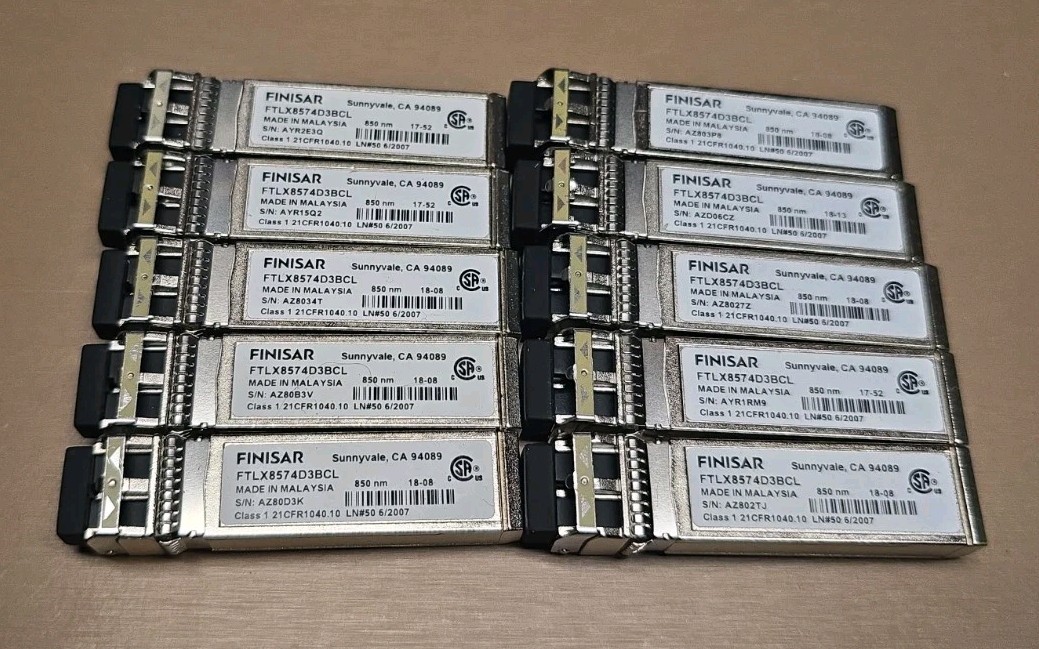 Lot Of 10 Finisar 10GB Optical Fiber Transceivers (FTLX8574D3BCL)