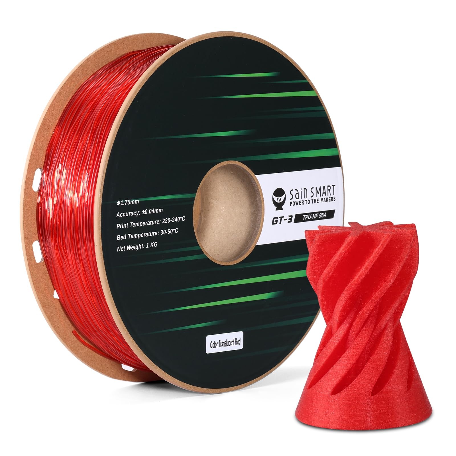 SainSmart TPU Filament 1.75mm, GT-3 Transparent Red Flexible 3D Printer Filam...