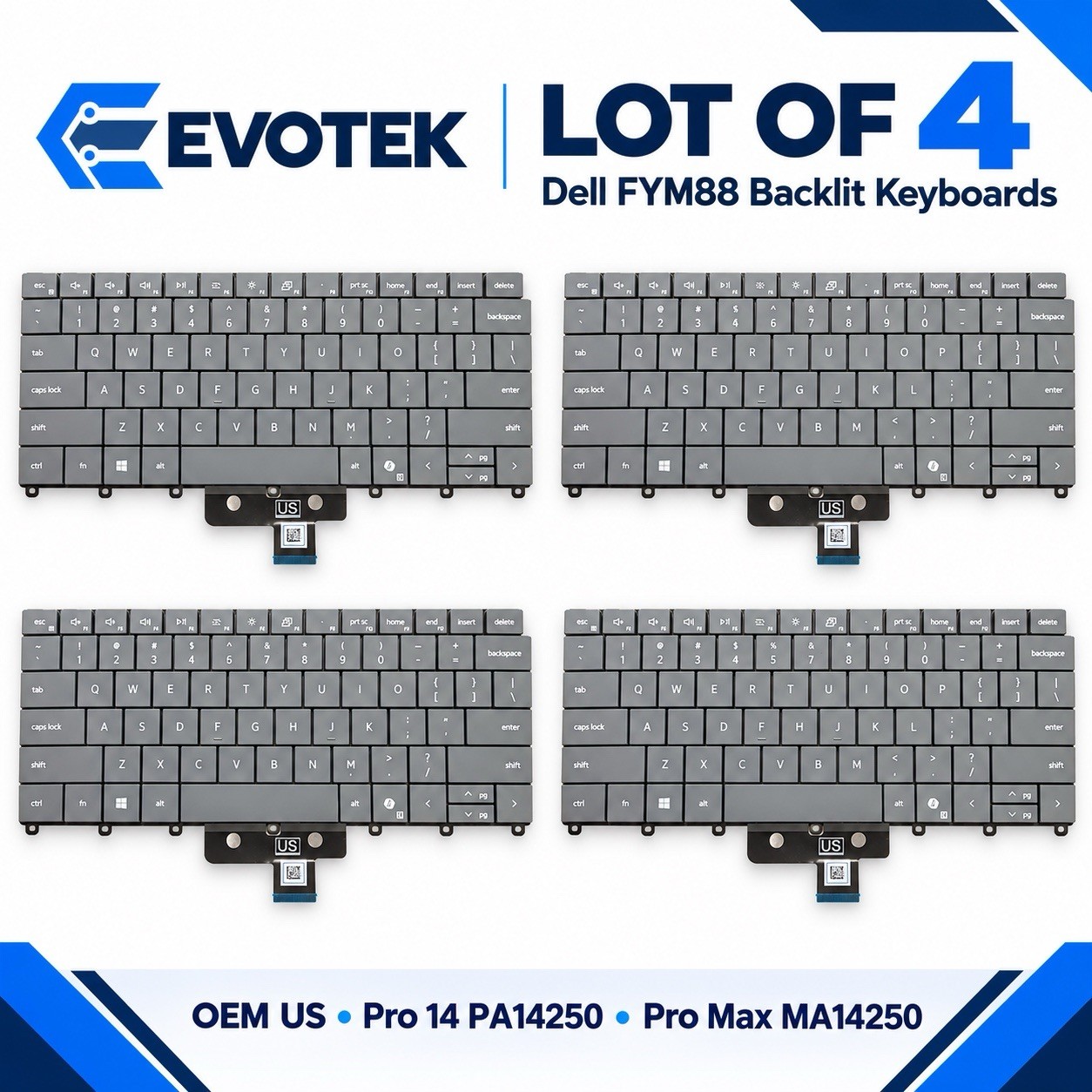 Lot of 4 Dell FYM88 Backlit Keyboards Pro 14 PA14250 Pro Max MA14250 OEM US