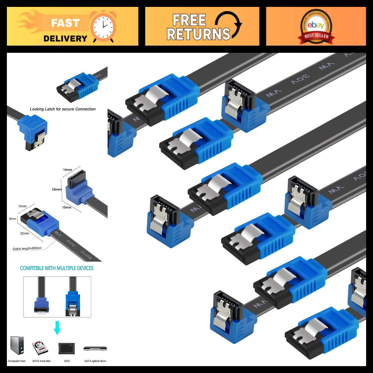 6 Pack SATA III Cable 18 Inch 90 Degree Right Angle 6Gbps with Locking Latch for
