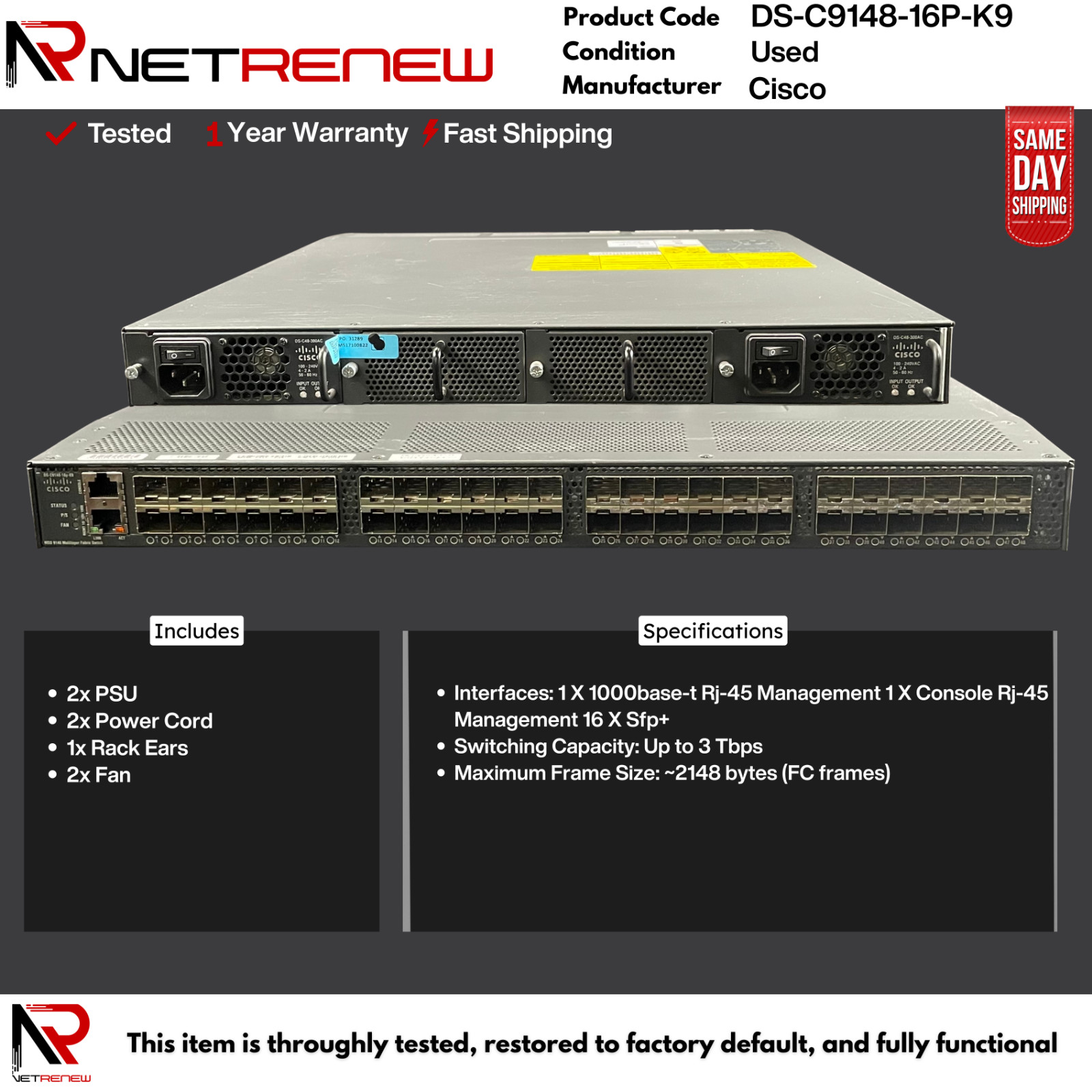 Cisco DS-C9148-16P-K9 MDS 9148 Multilayer Fabric Switch - 16 x 8GB Fiber Channel