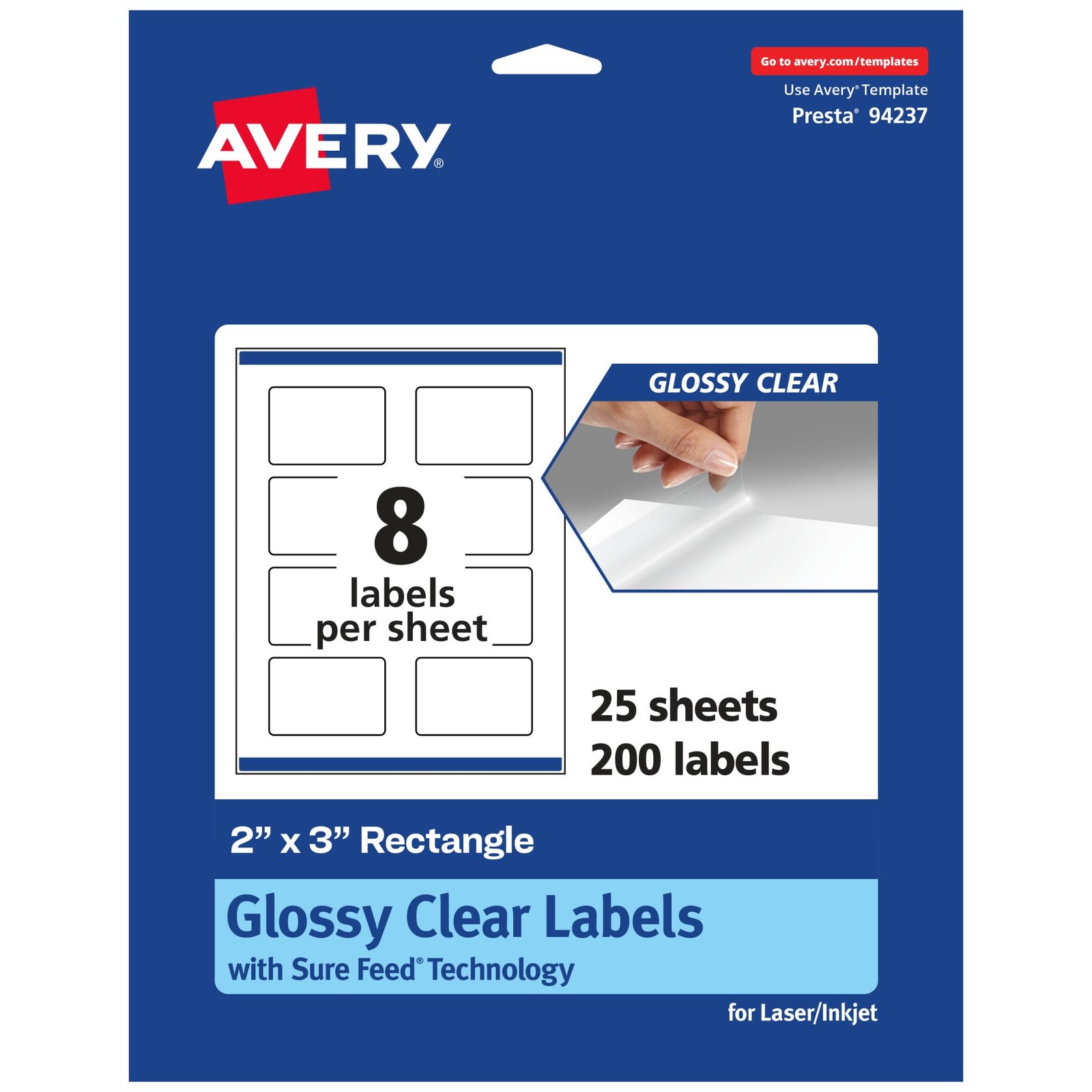 Avery Glossy Clear Rectangle Labels Sure Feed Technology 2"x3" 200 Labels