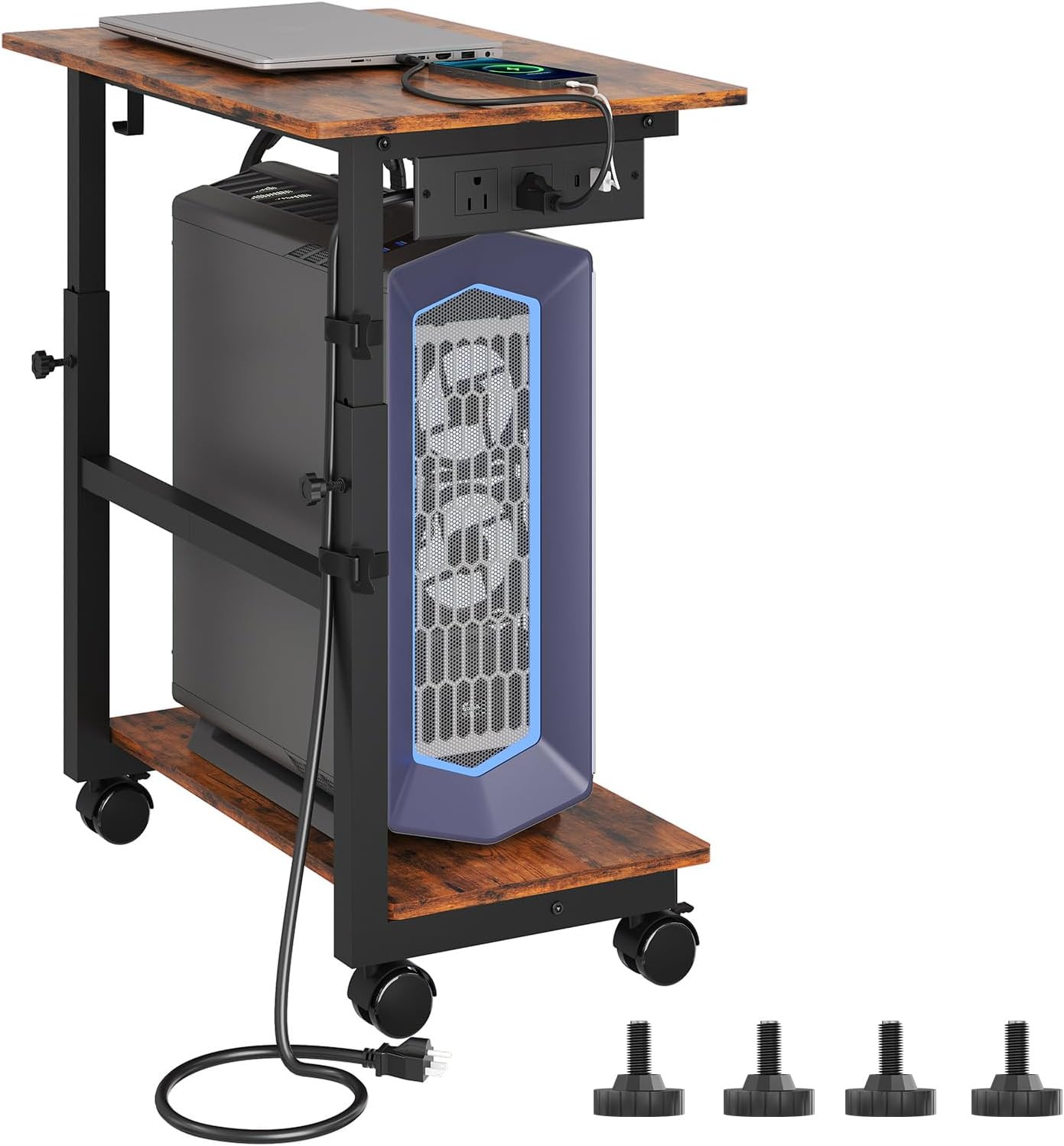 2-Tier Computer Tower Stand with Power Outlet, Height Adjustable PC Tower Stand