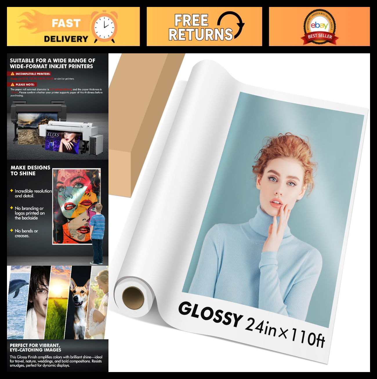 Glossy Photo Print Paper 24"x110' - Waterproof, Quick Dry, High Res for Inkjet,